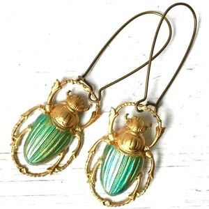 New Gold Turquoise‎ Egyptian Scarab Beetle Hoops Dangle Earrings Whimsical